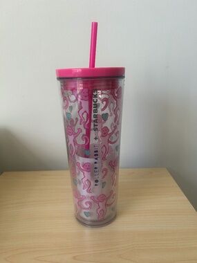 New Starbucks x Roller Rabbit Pink Monkey 24oz Cold Cup Tumbler with Straw